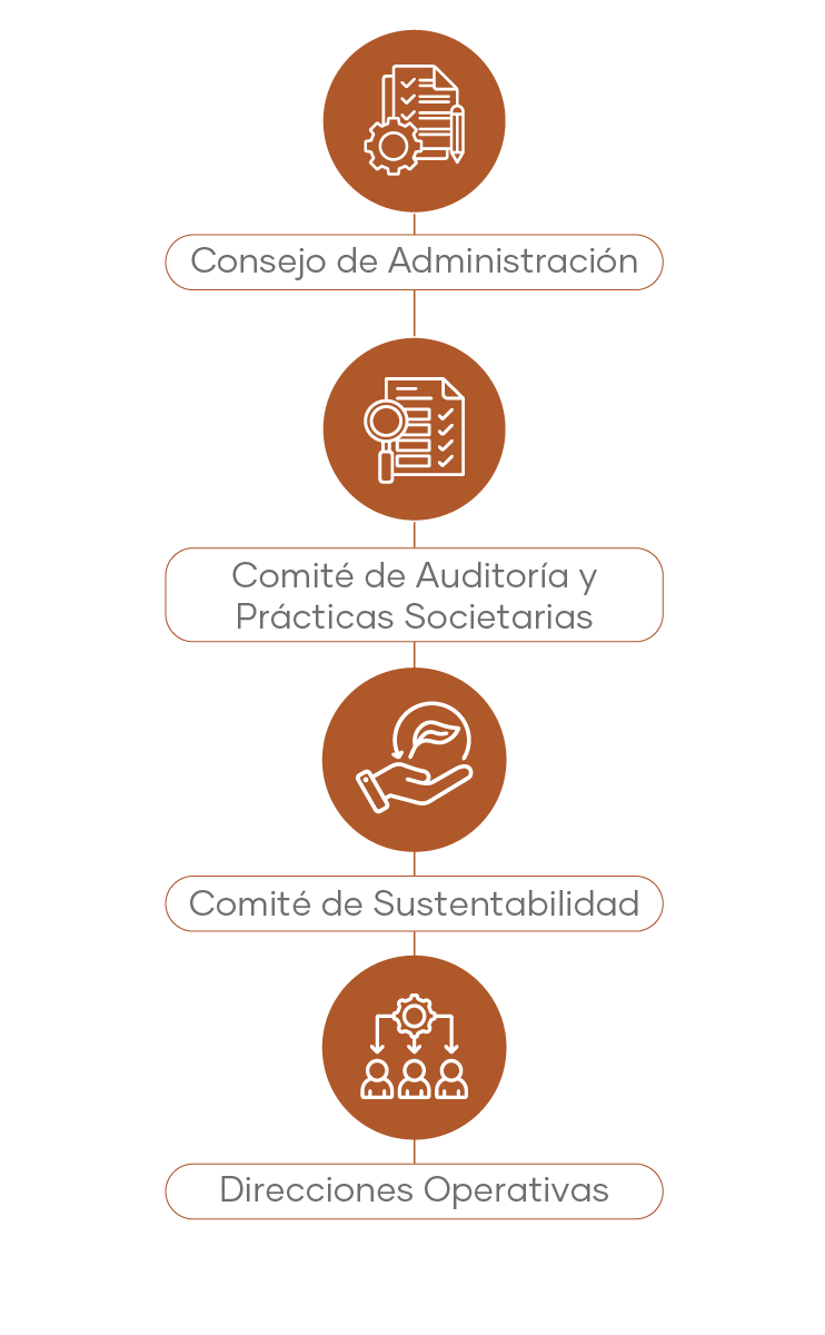 Organigrama en cascada: Consejo de Administración, Comité de Auditoría y Prácticas Societarias, Comité de Sustentabilidad y Direcciones Operativas
